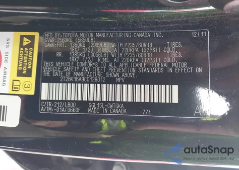 2012 Lexus Rx 350 from USA, damaged, VIN 2T2BK1BA9CC138012